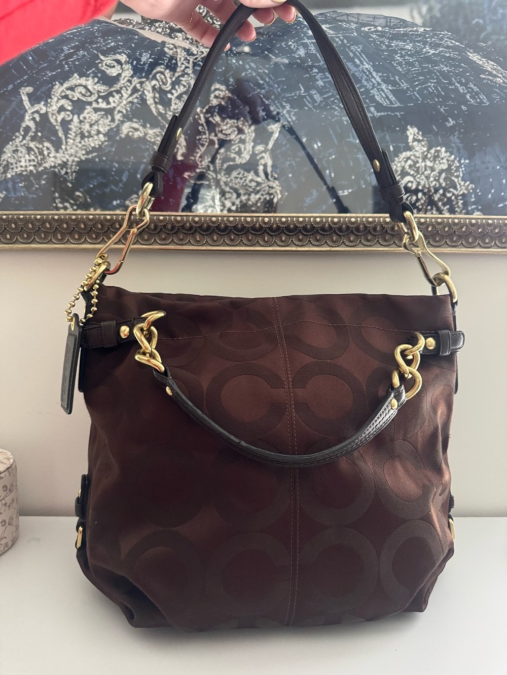 Coach Chocolate Brown Signature Canvas Shoulder Bag with Gold Hardware